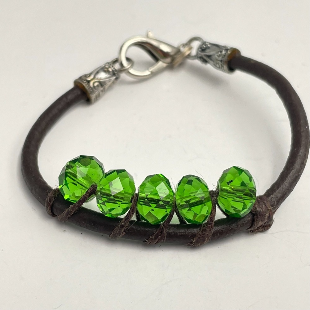 Vintage 90s Brown Leather Cord Bracelet Green Glass Beads Boho Silver Tone Boho